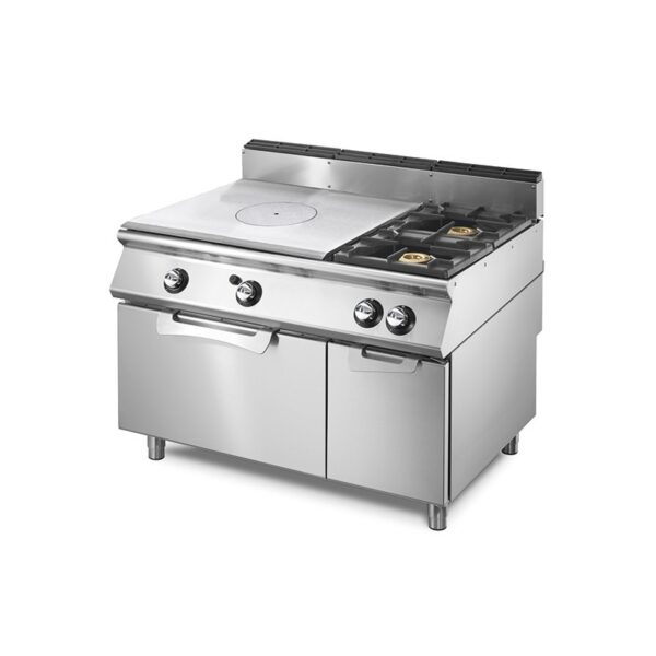 Cocina plancha radiante a gas sobre horno a gas estático GN 2/1 y armario cerrado +2 quemadores.